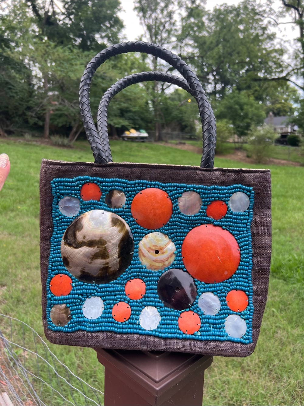 Handcrafted Beaded Brown Tote Bag with Orange and Turquoise Accents